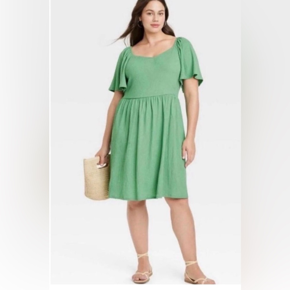 Ava & Viv Women's Short Sleeve Crinkle Dress Green Fit And Flare Size 1X Pockets
